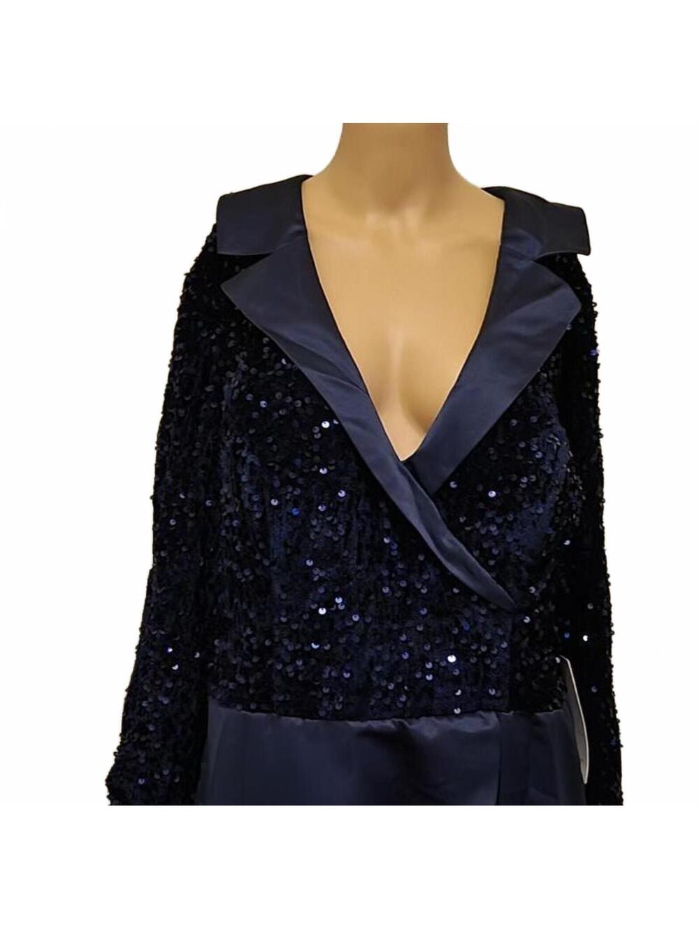 Women's Elegant Navy Blue Sequin Evening Prom wedding Party Gown Plus Slit Dress - Picture 6 of 9